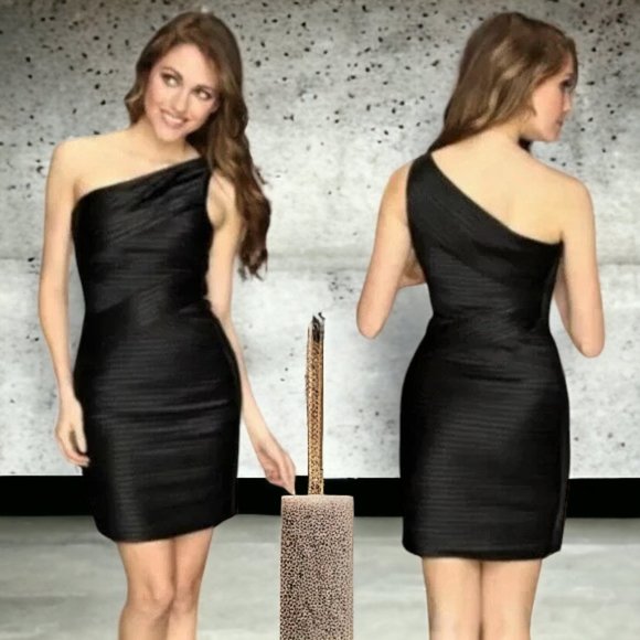 60% OFF) NWT BCBGMaxAzria Mamie Black One Shoulder Bandage Dress 2 MSRP $350 - Picture 8 of 10